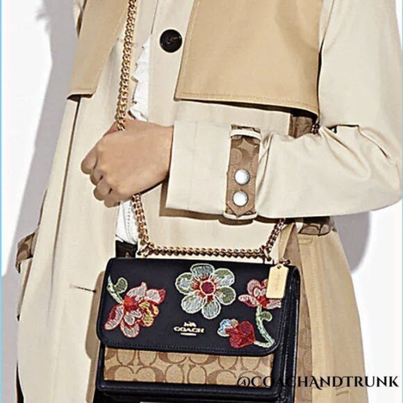 COACH Navy Leather Embroidered Dreamy Floral Klare Gold Accents & Strap NWT - Picture 11 of 12